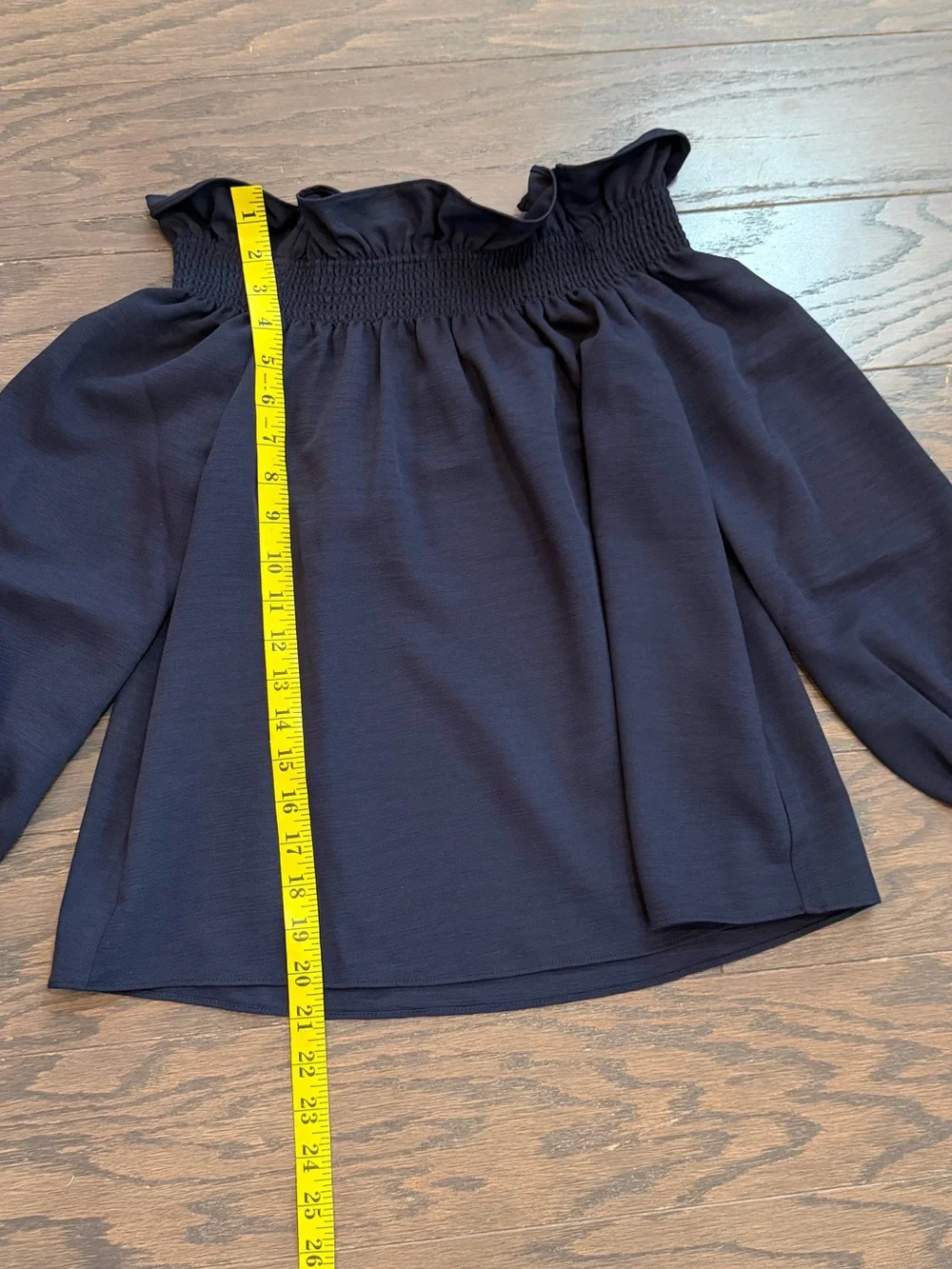 Tuckernuck Marguerite Off the Shoulder Navy Ruffle Blouse Smocked Top Size XS